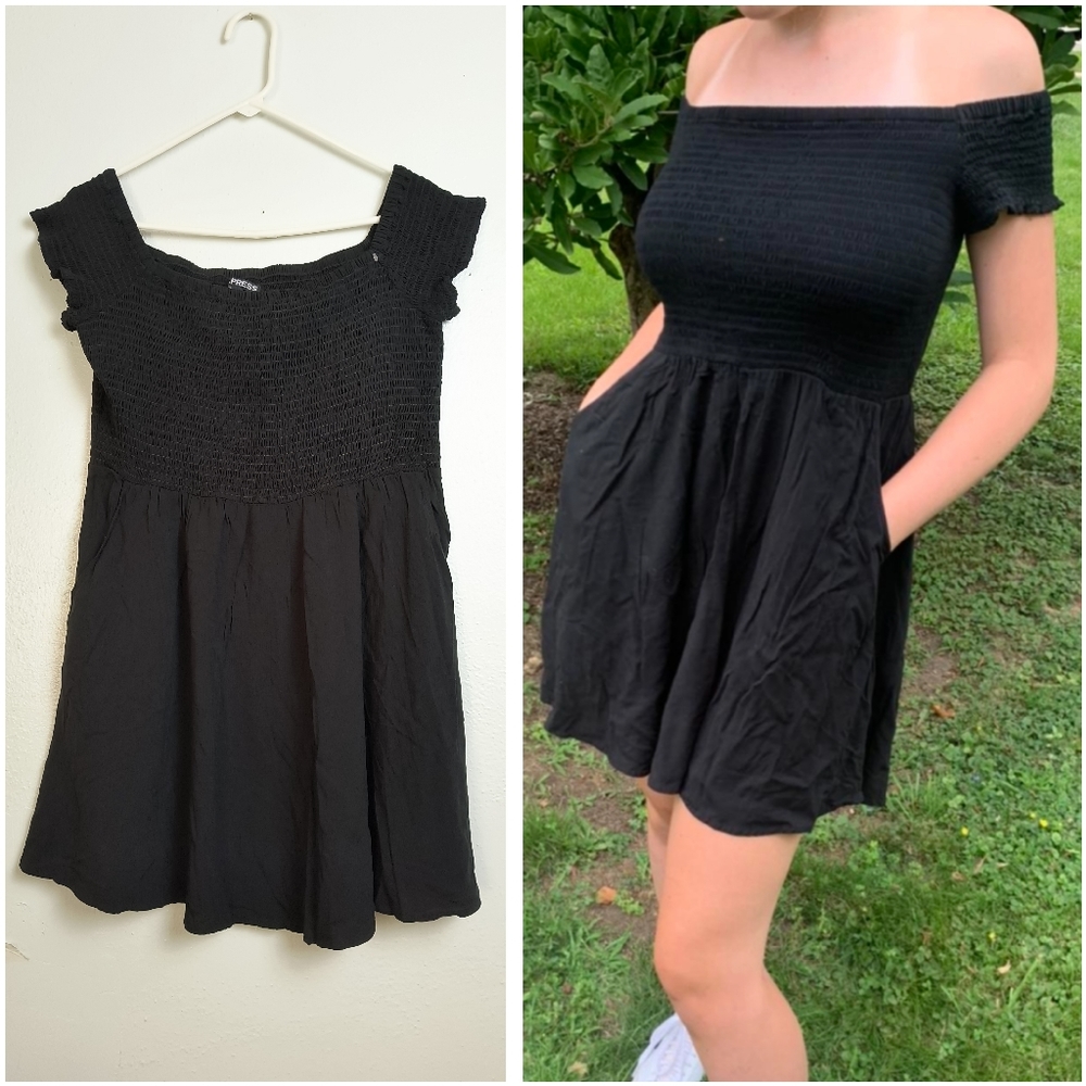 Espress L/G Smocked Off The Shoulder Fit & Flare Dress Black With Pocket